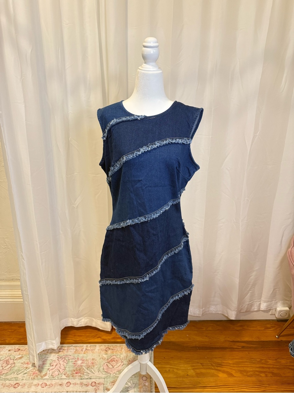 VENUS Dark Blue Denim Mini Dress with Fringed Diagonal Panels